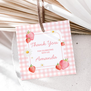 Pink Gingham Strawberry Birthday Party Square Geschenkanhänger