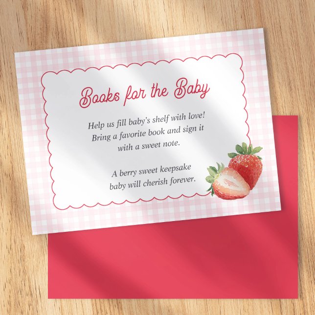 Pink Gingham Strawberry-Books for Baby Cards Begleitkarte (Berry Sweet, Strawberry with pink gingham-Books for baby card. Spring Baby Girl shower insert card.)