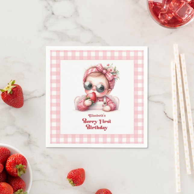 Pink Gingham Strawberry Chic Berry Erster Geburtst Serviette (Beispiel)