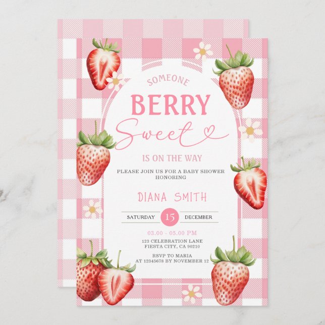 PINK Gingham Strawberry Sweet Baby Shower Einladung (Vorne/Hinten)