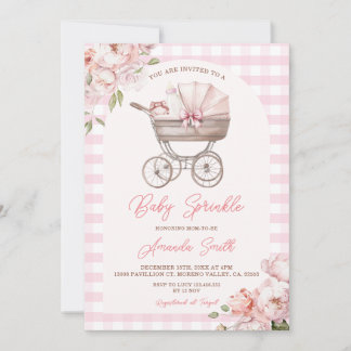 Pink Gingham Stroller Floral Girl Baby Sprinkle Einladung