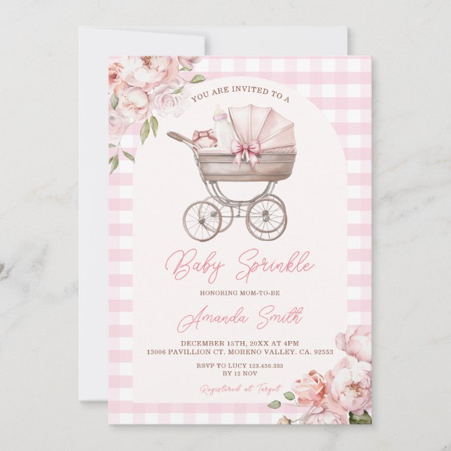 Pink Gingham Stroller Floral Girl Baby Sprinkle Einladung (Vorderseite)
