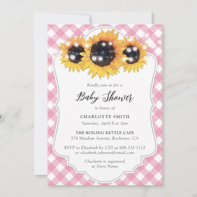 Pink Gingham Sunflower Baby Dusche Einladung (Vorderseite)