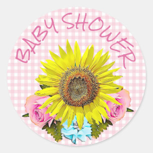 Pink Gingham Sunflower BABY SHOWER Stickers