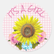Pink Gingham Sunflower BABY SHOWER Stickers