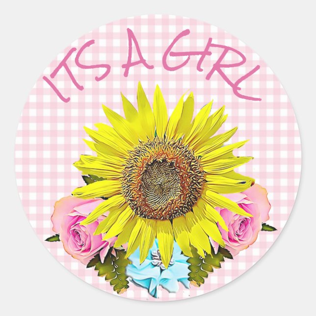 Pink Gingham Sunflower BABY SHOWER Stickers (Vorderseite)