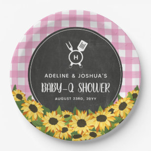 Pink Gingham Sunflowers Chalkboard Baby-Q Dusche Pappteller
