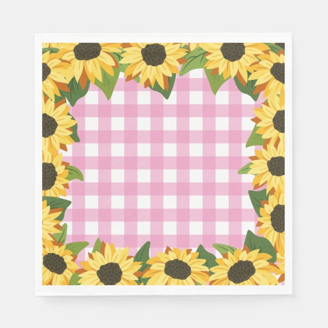 Pink Gingham & Sunflowers Serviette (Vorderseite)