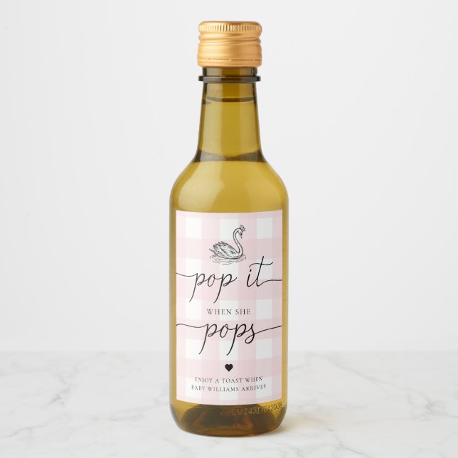 Pink Gingham Swan Pop It Wenn sie Pop Weinetikett (Vorderseite)