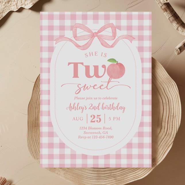 Pink Gingham Sweet Peach 2. Geburtstag Einladung (Von Creator hochgeladen)
