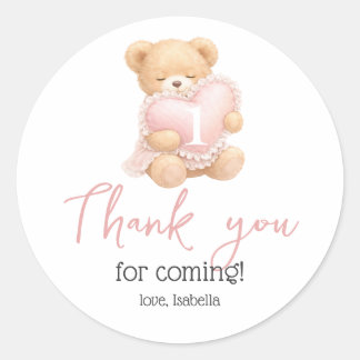 Pink Gingham Teddy Bear 1st Birthday Runder Aufkleber