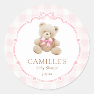 Pink Gingham Teddy Bear Baby Dusche Runder Aufkleber