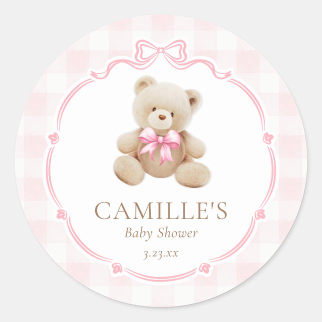 Pink Gingham Teddy Bear Baby Dusche Runder Aufkleber (Vorderseite)