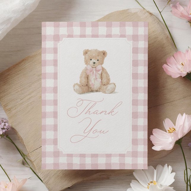 Pink Gingham Teddy Bear Baby Shower Dankeskarte (Von Creator hochgeladen)