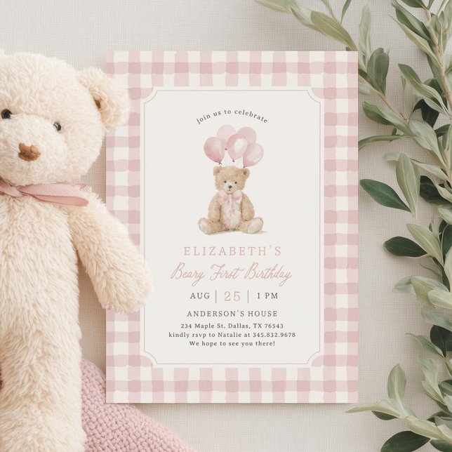 Pink Gingham Teddy Bear Beary First Birthday Einladung (Von Creator hochgeladen)