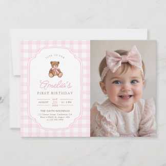 Pink Gingham Teddy Bear Beary First Birthday Photo Einladung