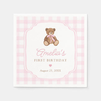 Pink Gingham Teddy Bear Beary First Birthday Serviette