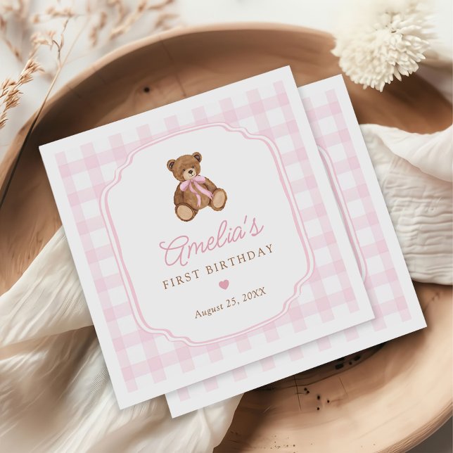 Pink Gingham Teddy Bear Beary First Birthday Serviette (Von Creator hochgeladen)