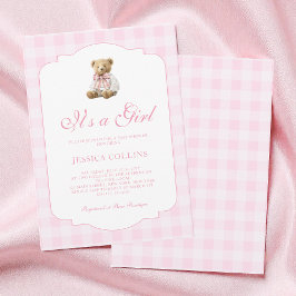 Pink Gingham Teddy Bear It's a Girl Baby Shower Einladung