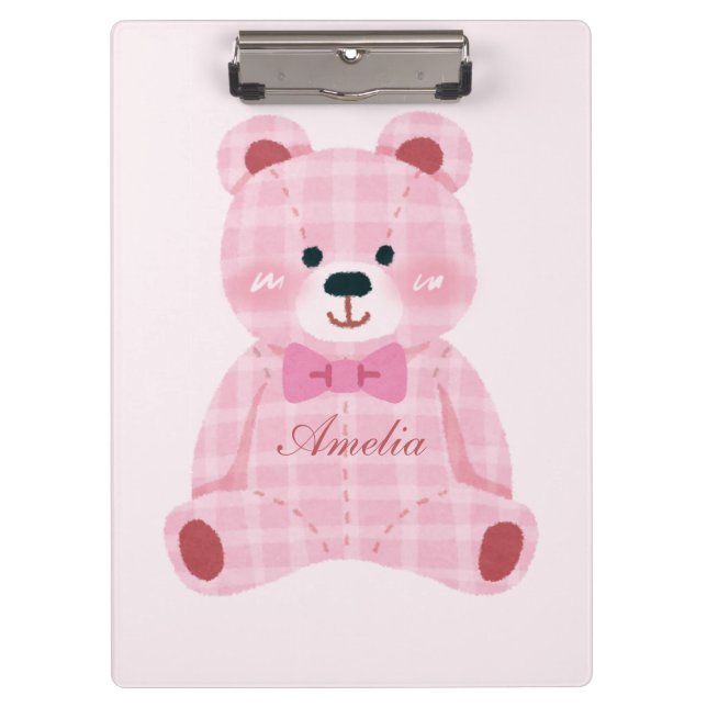 Pink Gingham Teddy Klemmbrett (Vorderseite)