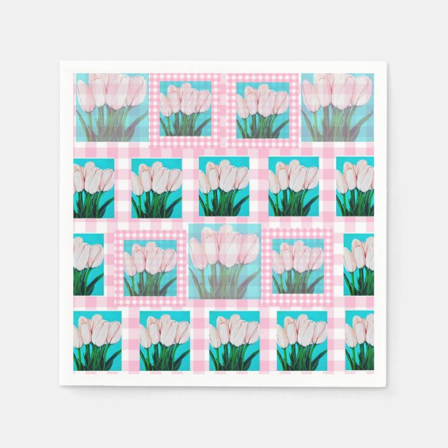 Pink Gingham Tulip Cocktail Napkin Serviette (Vorderseite)