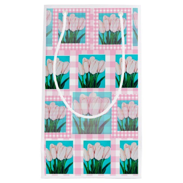 Pink Gingham Tulip Geschenktasche Kleine Geschenktüte (Vorderseite)