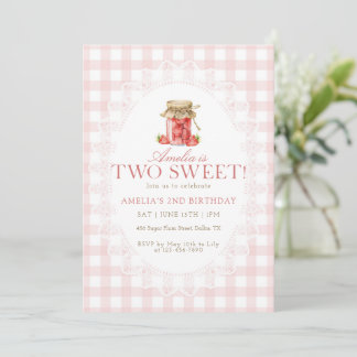 Pink Gingham Two Sweet Strawberry Birthday Einladung