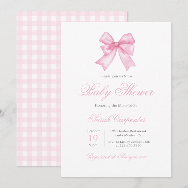 Pink Gingham und Bow Baby Shower Girl Einladung (Vorne/Hinten)