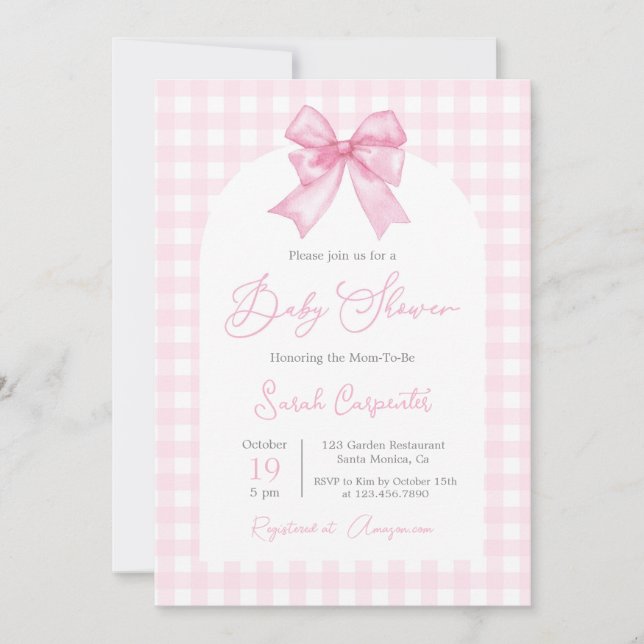 Pink Gingham und Bow Baby Shower Girl Einladung (Vorderseite)