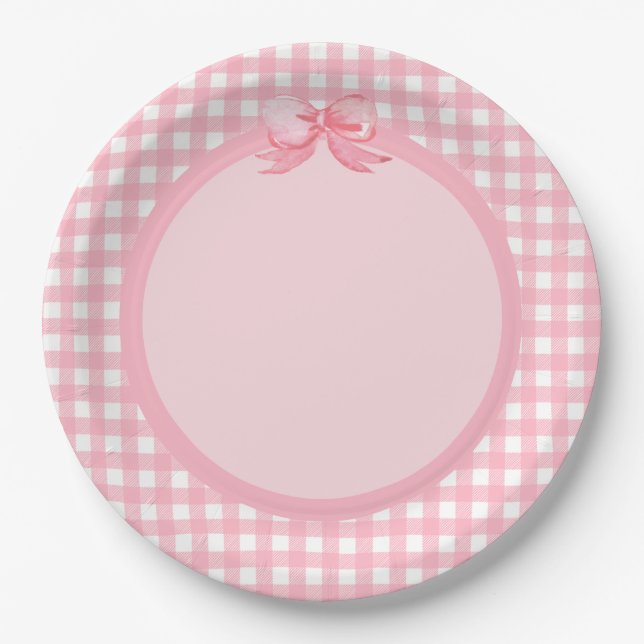 Pink Gingham und Bow Party Plate Pappteller (Vorderseite)