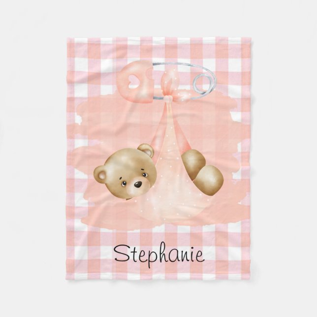 Pink Gingham und eine Niedliche Teddy Bear Girl Ba Fleecedecke (Vorderseite)