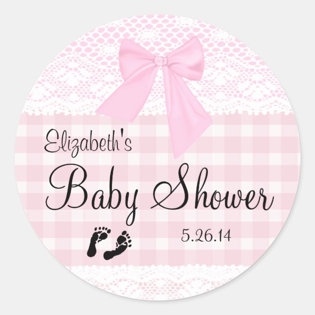 Pink Gingham und Lace Image Baby Dusche- Runder Aufkleber (Vorderseite)