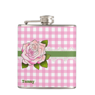 Pink Gingham und Rose Custom Flask Flachmann
