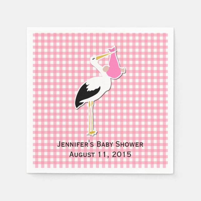 Pink Gingham und Stork Baby Showpaper Napkins Serviette (Vorderseite)