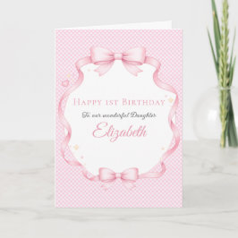 Pink Gingham Watercolor Bow Girl Birthday Card Karte