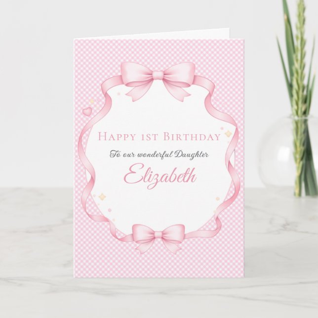 Pink Gingham Watercolor Bow Girl Birthday Card Karte (Vorderseite)
