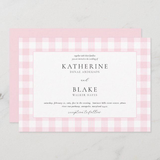 Pink Gingham Wedding Einladung (Vorne/Hinten)