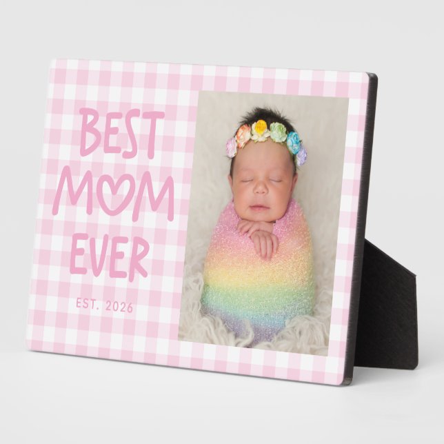 Pink Gingham Whimsical Heart Best Mom Ever Photo Fotoplatte (Seite)