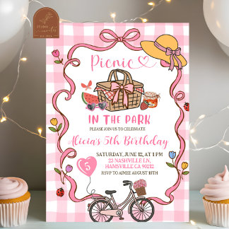  Pink Gingham Whimsical Picnic Birthday Invitation Einladung