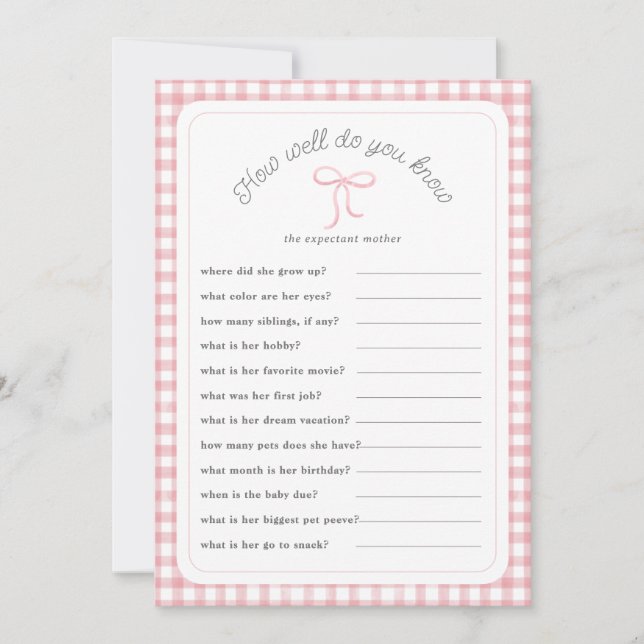 Pink Gingham Wie gut kennen Sie Dusche Game Card? Einladung (Vorderseite)