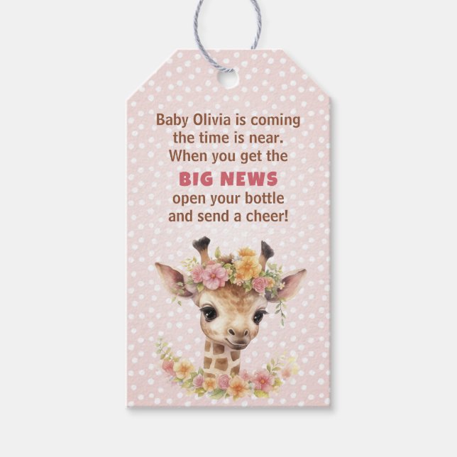 Pink Giraffe Baby Girl Safari Dusche Flasche Gefal Geschenkanhänger (Vorderseite)