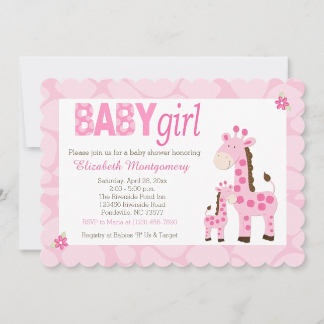 Pink Giraffe Baby Girl Scalloped 12x18 Einladung (Vorderseite)