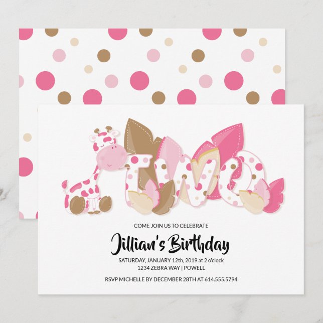 Pink Giraffe Zweite Geburtstagsparty Einladung (Vorne/Hinten)