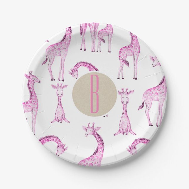 Pink Giraffes Baby Shower Monogram Letter Initial Pappteller (Vorderseite)
