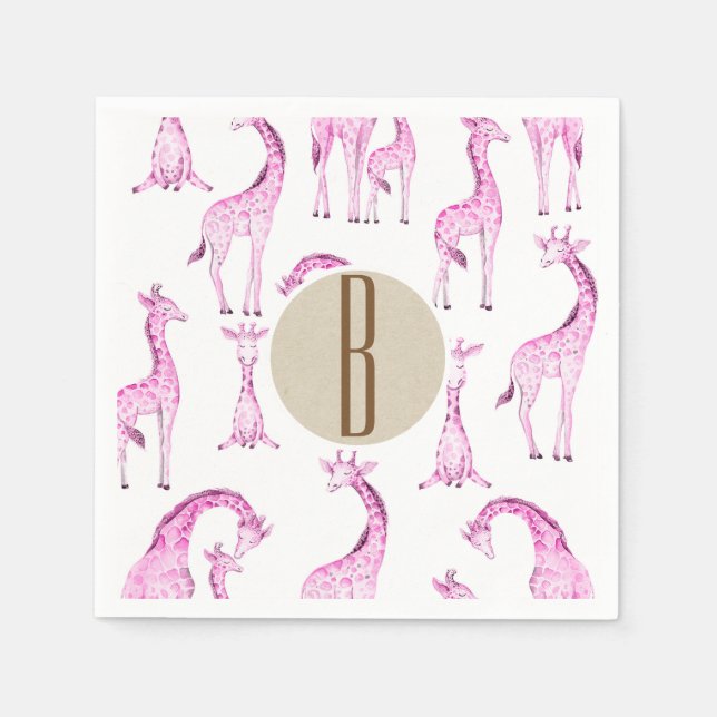 Pink Giraffes Baby Shower Monogram Letter Initial Serviette (Vorderseite)