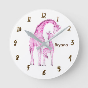 Pink Giraffes Jungle Nursery Room Personalized Runde Wanduhr