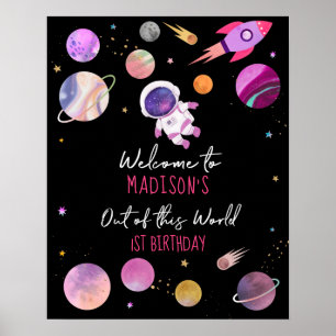  Pink Girl Astronaut Outer Space Birthday Welcome Poster