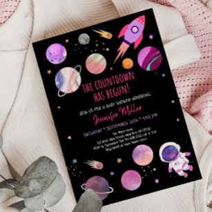 Pink Girl Astronaut Space Baby Dusche Einladung