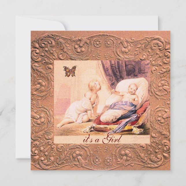 PINK GIRL BABY DUSCHE MIT KOPFFLY Champagner Einladung (Vorderseite)