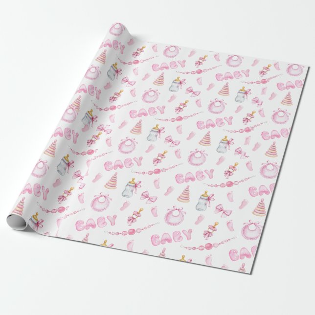 Pink Girl Babydusche Geschenkpapier (Ungerollt)